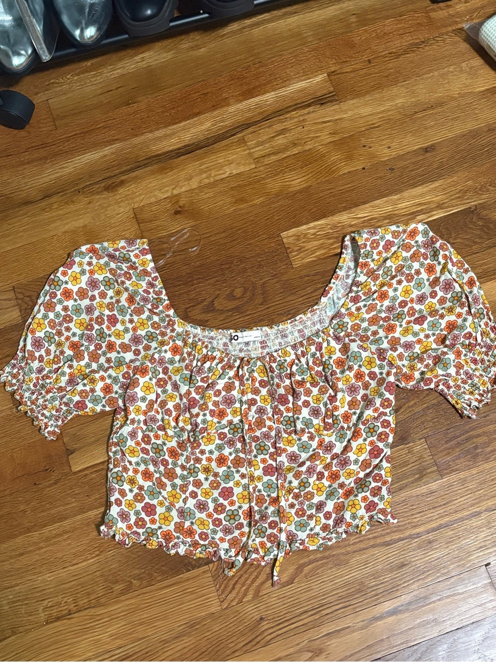 Floral Puff-Sleeve Crop Top in White with Orange & Yellow Flowers